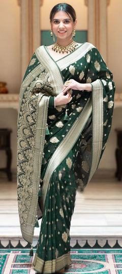 Green color Saree in Banarasi Silk fabric with Weaving work