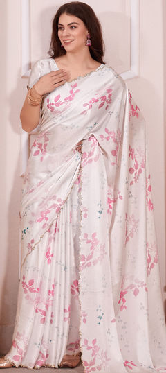 White and Off White color Saree in Satin Silk fabric with Digital Print, Floral, Stone work