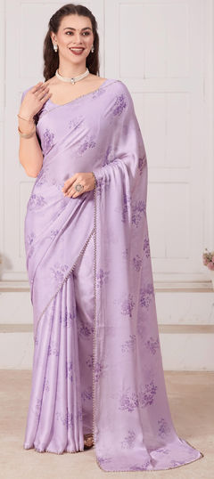 Pink and Majenta color Saree in Satin Silk fabric with Digital Print, Floral, Stone work