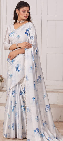 White and Off White color Saree in Satin Silk fabric with Digital Print, Floral, Stone work