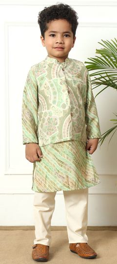 Festive, Wedding Green color Boys Kurta Pyjama with Jacket in Chanderi Silk fabric with Printed work : 1937192