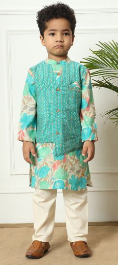 Festive, Wedding Green color Boys Kurta Pyjama with Jacket in Chanderi Silk fabric with Printed work : 1937195