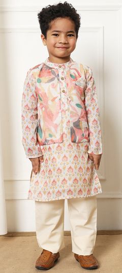 Festive, Wedding Beige and Brown color Boys Kurta Pyjama with Jacket in Kota Doria Silk fabric with Printed work : 1937196