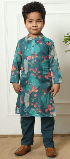 Blue color Boys Kurta Pyjama in Kota Doria Silk fabric with Printed work