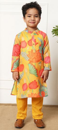 Orange color Boys Kurta Pyjama in Kota Doria Silk fabric with Floral, Printed work