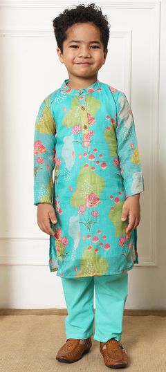 Green color Boys Kurta Pyjama in Kota Doria Silk fabric with Floral, Printed work