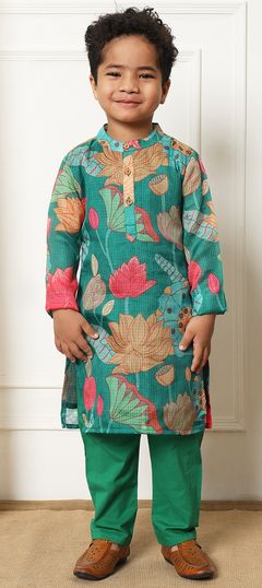 Green color Boys Kurta Pyjama in Kota Doria Silk fabric with Floral, Printed work