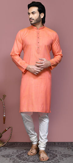 Festive, Traditional Orange color Kurta Pyjamas in Cotton fabric with Weaving work : 1937268