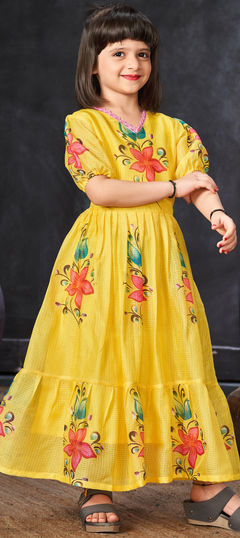 Festive, Party Wear Yellow color Girls Gown in Kota Silk fabric with Digital Print, Floral work : 1937434