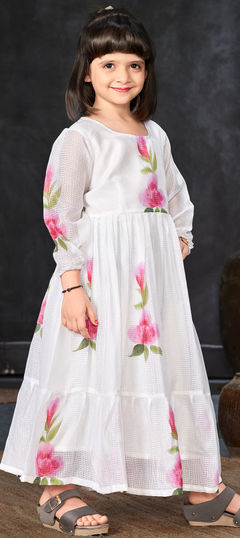 Festive, Party Wear White and Off White color Girls Gown in Kota Silk fabric with Digital Print, Floral work : 1937440