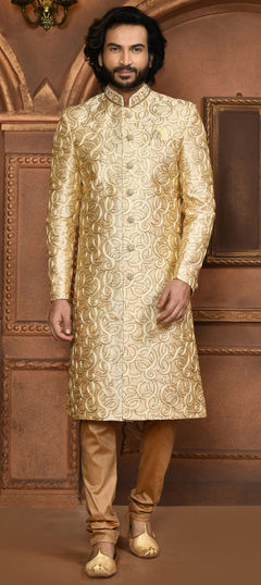 Festive, Wedding Beige and Brown color Sherwani in Art Silk fabric with Embroidered, Resham work : 1937443