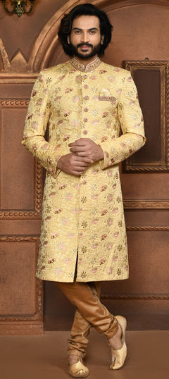 Festive, Wedding Beige and Brown color Sherwani in Art Silk fabric with Embroidered, Resham work : 1937445