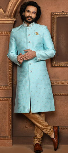 Festive, Wedding Blue color Sherwani in Art Silk fabric with Embroidered, Resham work : 1937446