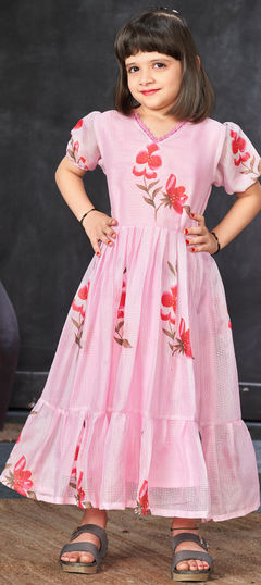 Festive, Party Wear Pink and Majenta color Girls Gown in Kota Silk fabric with Digital Print, Floral work : 1937447