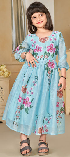 Festive, Party Wear Blue color Girls Gown in Kota Silk fabric with Digital Print, Floral work : 1937448