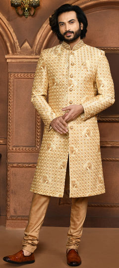 Festive, Wedding Beige and Brown color Sherwani in Art Silk fabric with Embroidered, Resham work : 1937454