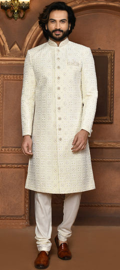 White and Off White color Sherwani in Art Silk fabric with Embroidered, Resham, Stone work