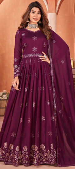 Purple and Violet color Salwar Kameez in Art Silk fabric with Sequence, Thread work