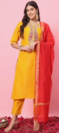 Yellow color Salwar Kameez in Blended Cotton fabric with Embroidered, Sequence, Thread, Zari work