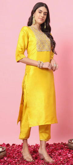 Yellow color Salwar Kameez in Blended fabric with Embroidered, Sequence, Thread, Zari work