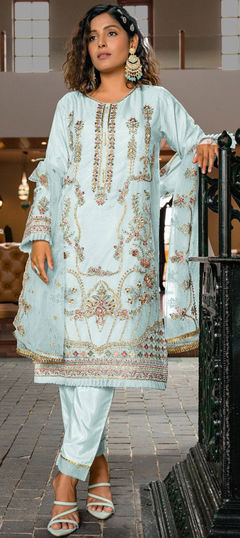 Blue color Salwar Kameez in Organza Silk fabric with Embroidered, Stone, Thread work