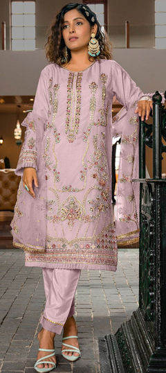 Pink and Majenta color Salwar Kameez in Organza Silk fabric with Embroidered, Stone, Thread work