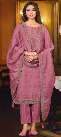 Pink and Majenta color Salwar Kameez in Organza Silk fabric with Embroidered, Thread work