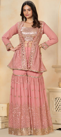 Pink and Majenta color Salwar Kameez in Faux Georgette fabric with Zari work