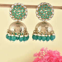 Gold Rodium Polish Gold, Green, White and Off White color Earrings in Brass studded with CZ Diamond, Kundan