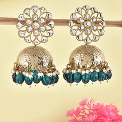 Gold Rodium Polish Gold, Green, White and Off White color Earrings in Brass studded with CZ Diamond, Kundan