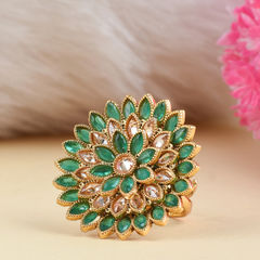 Gold Rodium Polish Gold, Green, White and Off White color Ring in Brass studded with CZ Diamond, Pearl