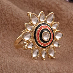 Gold Rodium Polish Black and Grey, Gold, White and Off White color Ring in Brass studded with Kundan