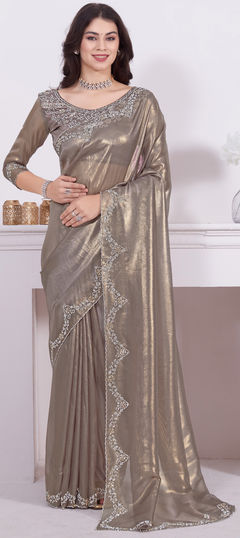 Reception, Wedding Gold color Saree in Shimmer fabric with Classic Zircon work : 1937817