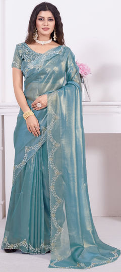 Reception, Wedding Blue color Saree in Shimmer fabric with Classic Zircon work : 1937818