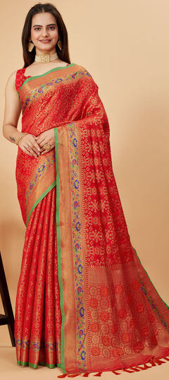 Red and Maroon color Saree in Art Silk fabric with Thread, Weaving work