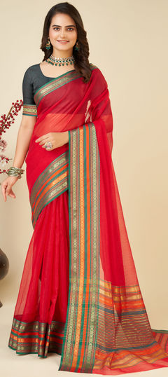 Red and Maroon color Saree in Kota Doria Silk fabric with Weaving work