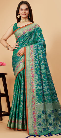 Green color Saree in Art Silk fabric with Thread, Weaving work