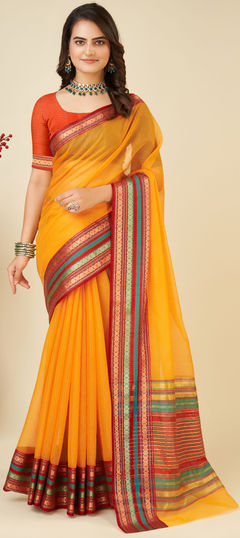 Yellow color Saree in Kota Doria Silk fabric with Weaving work