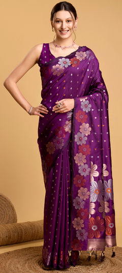 Purple and Violet color Saree in Art Silk fabric with Weaving, Zari work