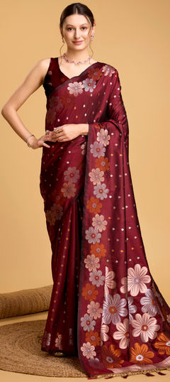Red and Maroon color Saree in Art Silk fabric with Weaving, Zari work