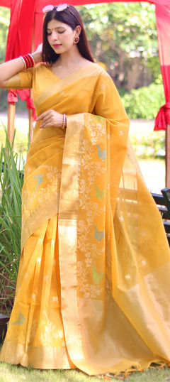 Yellow color Saree in Linen fabric with Border, Jamdani, Weaving, Zari work