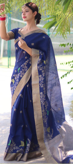 Blue color Saree in Linen fabric with Border, Jamdani, Weaving, Zari work