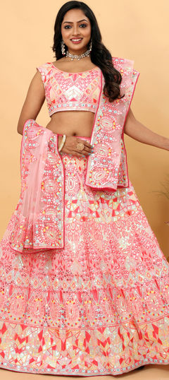 Bridal, Wedding Pink and Majenta color Lehenga in Georgette fabric with Flared Embroidered, Sequence, Thread work : 1937969