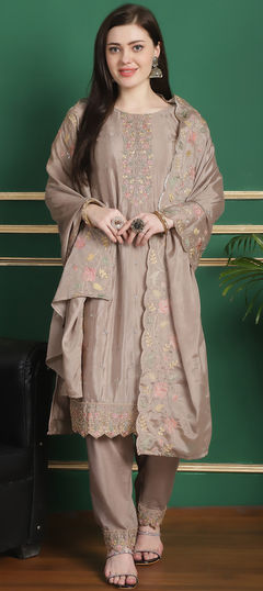 Beige and Brown color Salwar Kameez in Chiffon fabric with Embroidered, Stone, Thread work