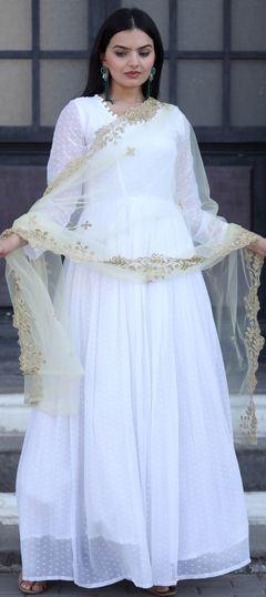 White and Off White color Gown in Faux Georgette fabric with Embroidered work