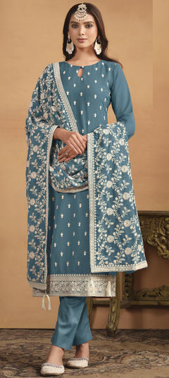 Blue color Salwar Kameez in Faux Georgette fabric with Embroidered, Sequence, Thread work