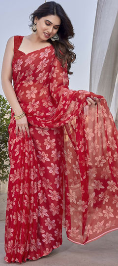 Red and Maroon color Saree in Chiffon fabric with Floral, Printed work