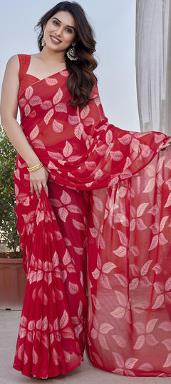 Red and Maroon color Saree in Chiffon fabric with Floral, Printed work