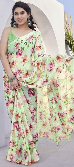 Green color Saree in Chiffon fabric with Floral, Printed work