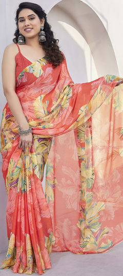 Red and Maroon color Saree in Chiffon fabric with Floral, Printed work